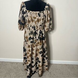 Bohme Women’s‎ Brown Tan Green Black Smocked Puff Sleeve Midi Dress Sz L~NWT